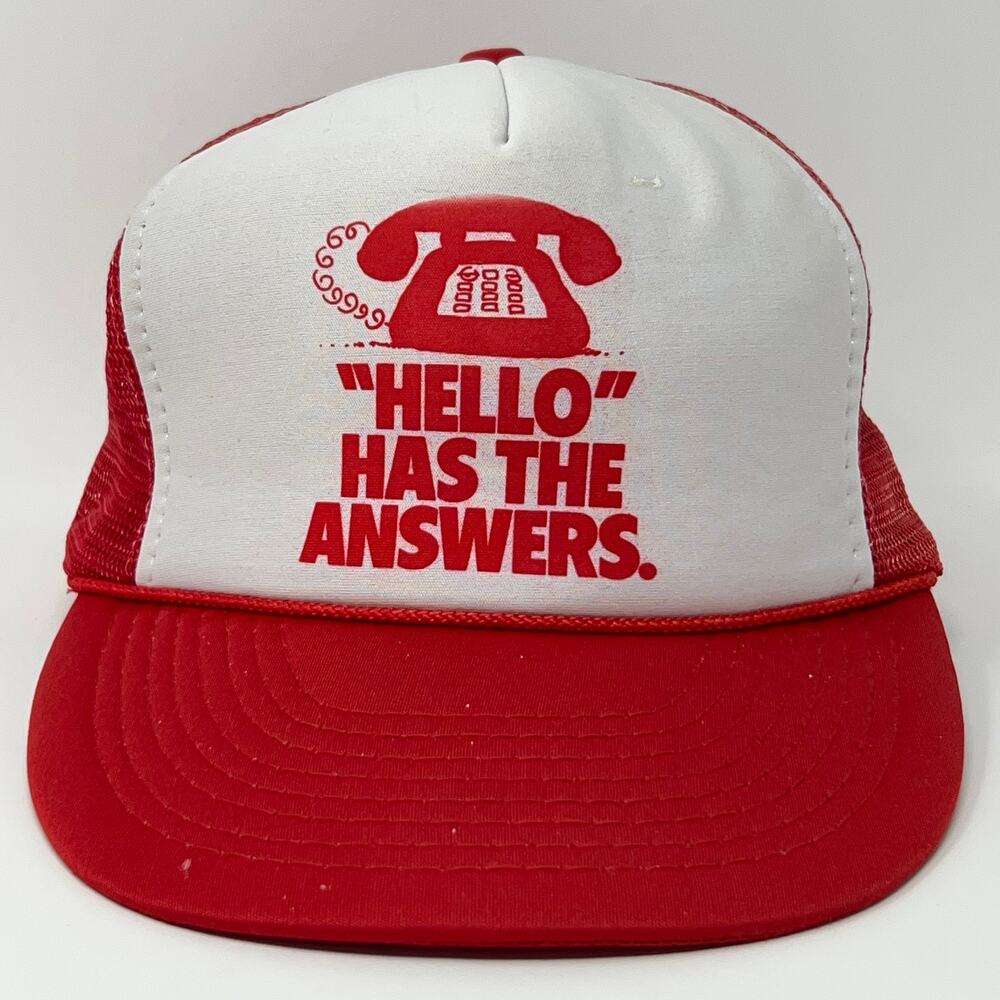 Vintage 80s Hello Has Answers Telephone Trucker Hat Baseball Cap Red Snapback
